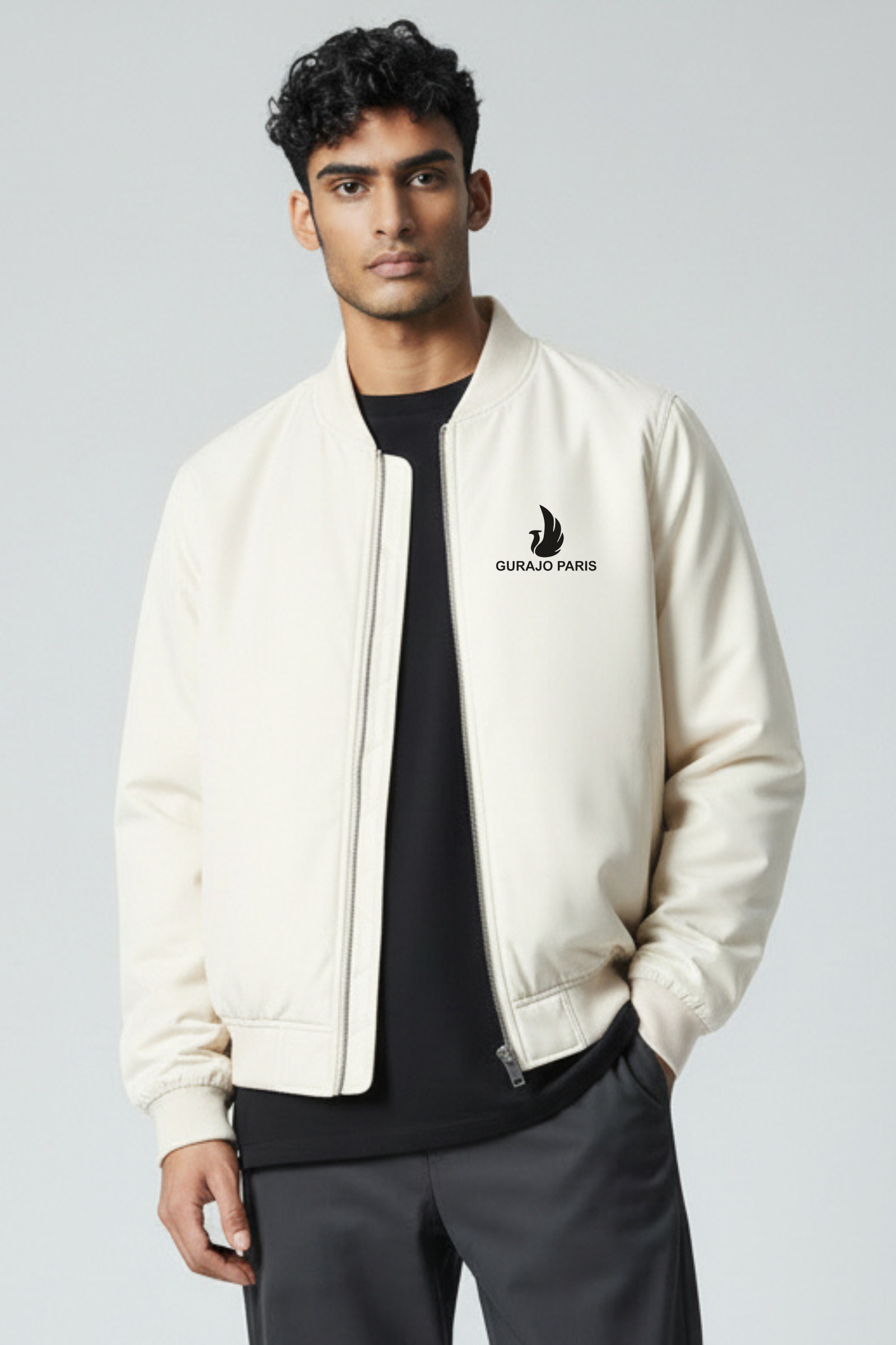 Gurajo Paris Men’s Classic Bomber Jacket – Ivory Beige