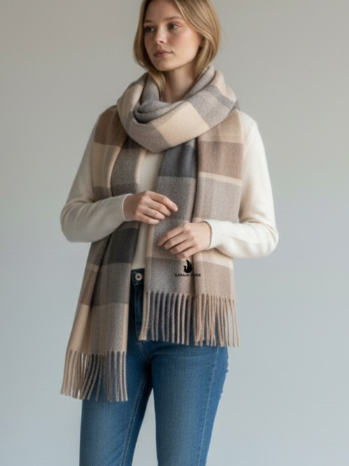 Gurajo Paris Women’s Cashmere Scarf – Beige & Grey Check