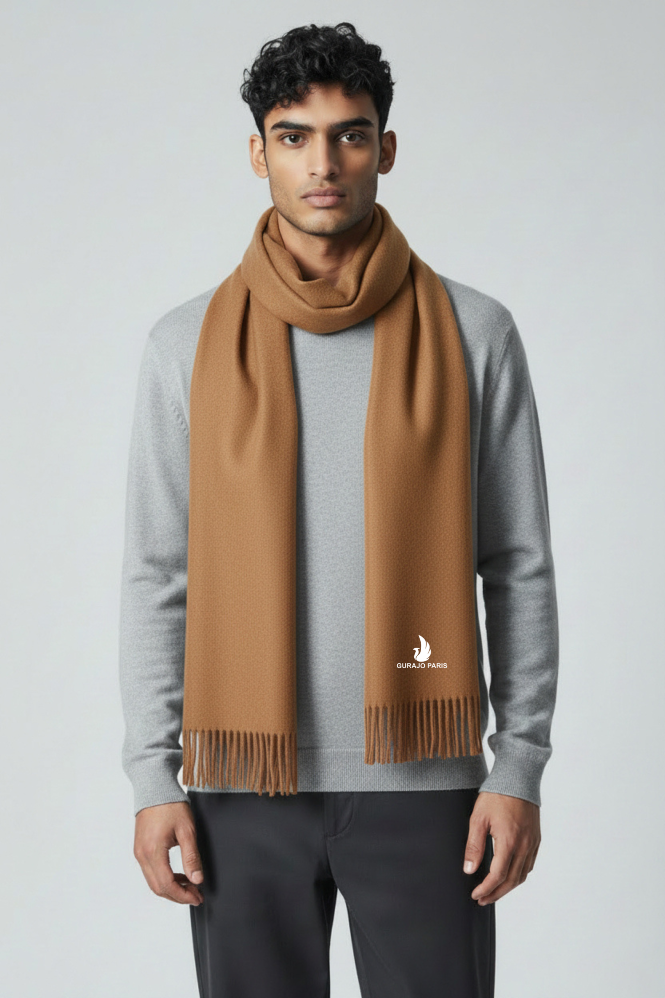 Gurajo Paris Men’s Cashmere Scarf – Camel Brown - Image 2