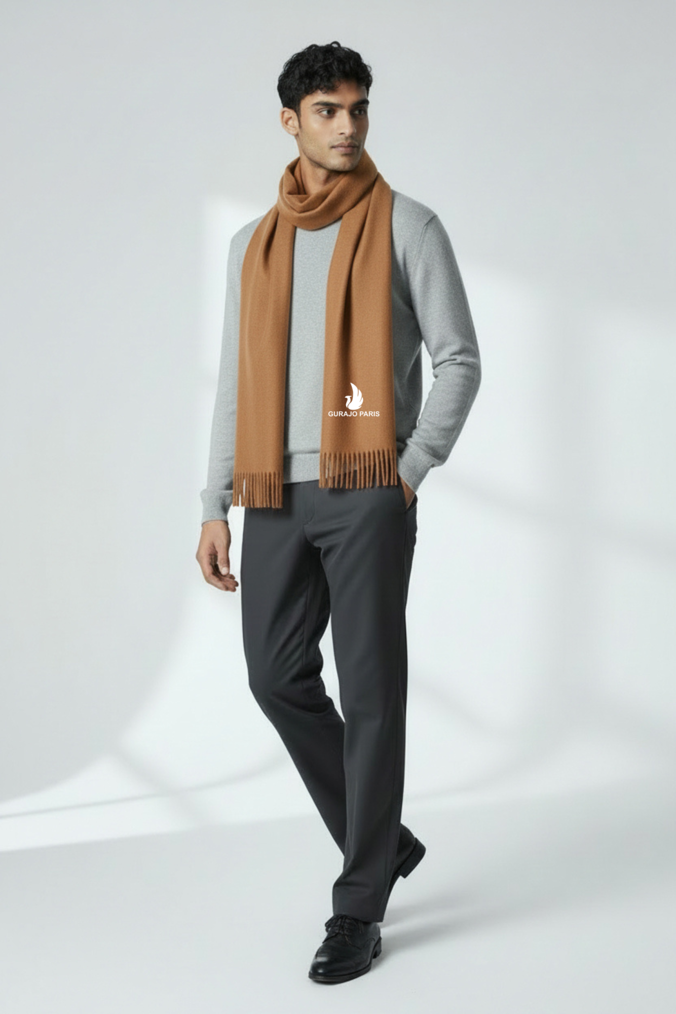 Gurajo Paris Men’s Cashmere Scarf – Camel Brown - Image 3