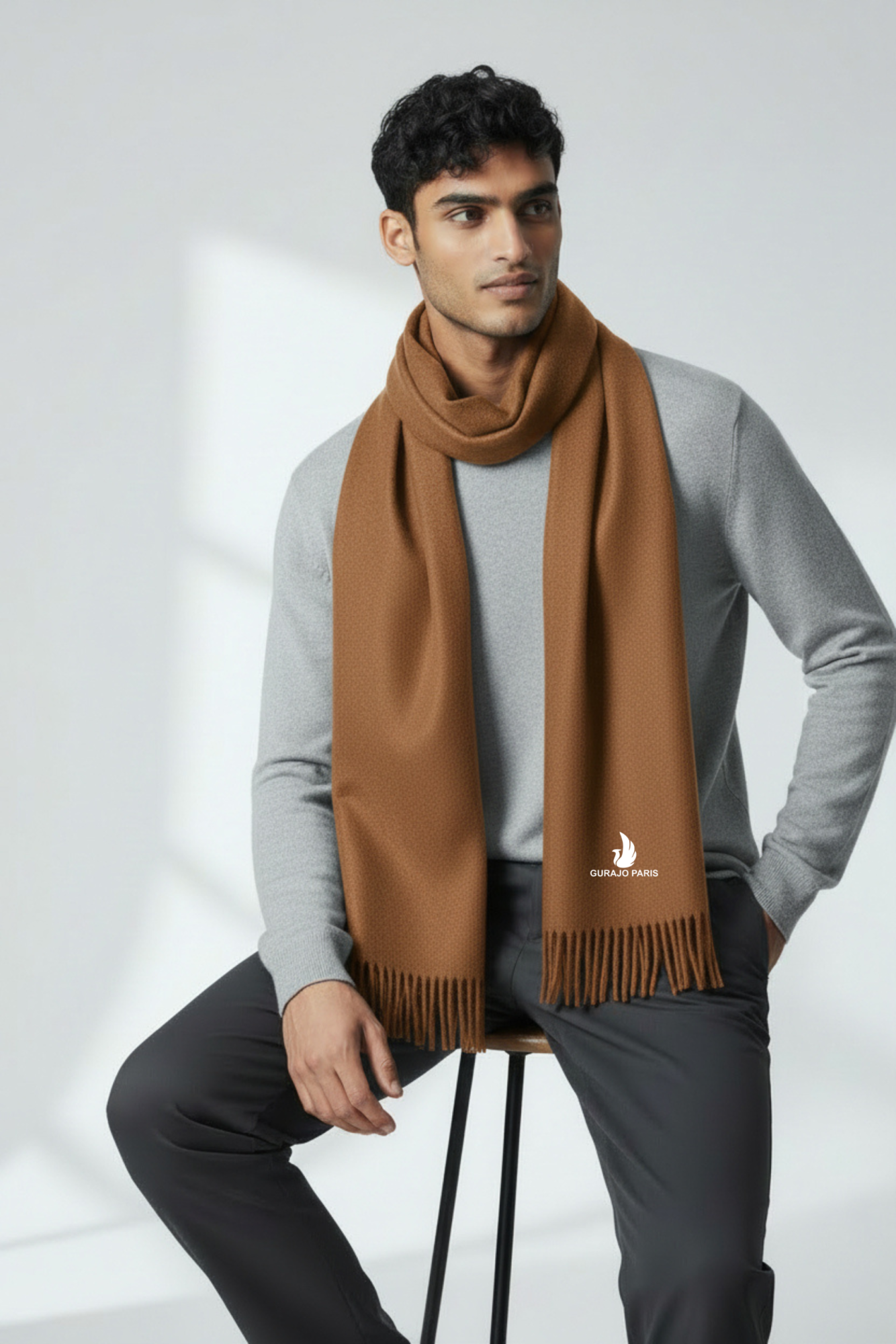 Gurajo Paris Men’s Cashmere Scarf – Camel Brown - Image 4