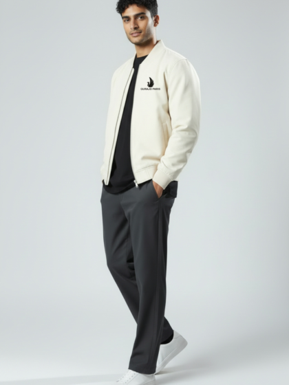 Gurajo Paris Men’s Classic Bomber Jacket – Ivory Beige