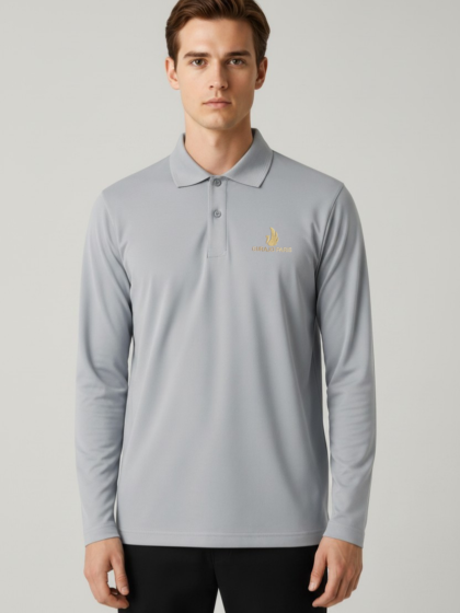 Men’s Light Grey Polyester Matty Full Sleeve Polo T-Shirt