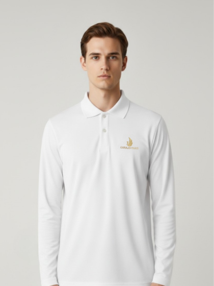 Men’s White Polyester Matty Full Sleeve Polo T-Shirt